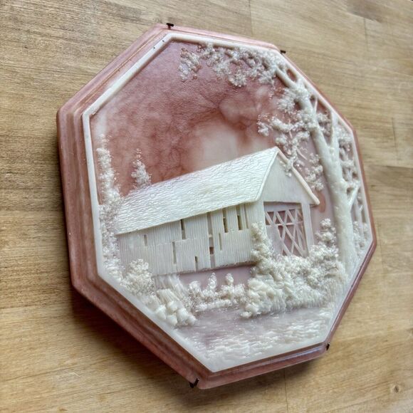 Vtg Incolay Soapstone Cottage Bridge Cute Marbled Plate Pink Ivory Forrest River - Picture 5 of 8